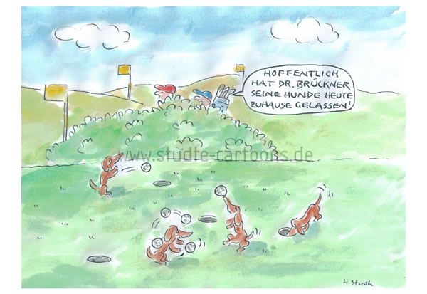 Golf, Golfspielen, Golfplatz, Golfschläger, Golfball ins 
Loch spielen, einputten, verspielte Hunde, Hund und Herrchen, Tierliebe, Haustier, Hundehaltung, Hundedressur, Hund-Mensch-Kommunikation