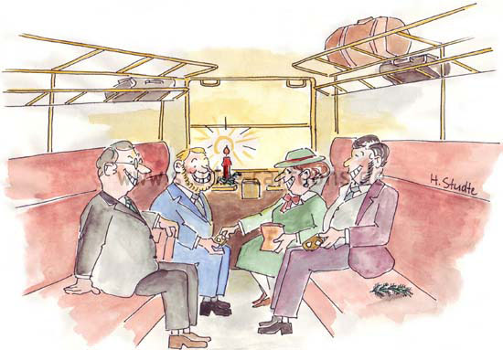 Wenn jemand eine Reise tut, so kann er was erzählen, Adventskerzen im Zugabteil, gemeinsame Weihnachtsfeier im Zug, gemeinsam feriern